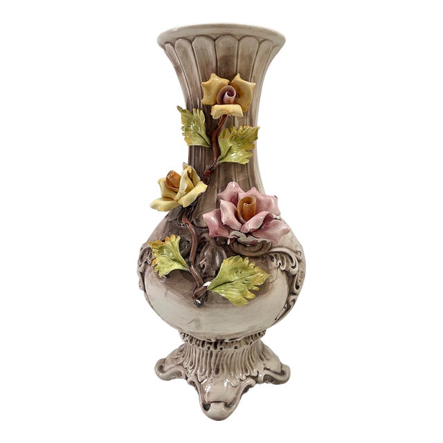 Tall Vintage Capodimonte Porcelain Floral Vase, Made in Italy For Sale