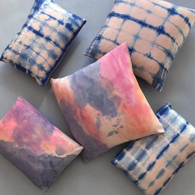 Rousseau Hand Dyed Silk Pillow, Rose Pink & Indigo Ripple Abstract Pattern For Sale - Image 4 of 5