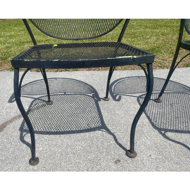 Metal Mid 20th Century Wrought Iron Russell Woodard Pinecrest Barrel Back Mesh Pair of Chairs For Sale - Image 7 of 12