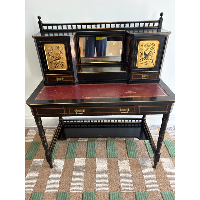 Vintage Chinoiserie Bonheur Du Jour Desk With Hand-Painted Panels & Mirror For Sale - Image 9 of 12