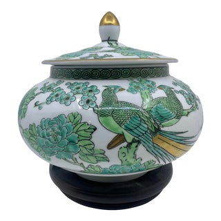 Vintage Handpainted Green and White Chinoiserie Ginger Jar With Stand For Sale