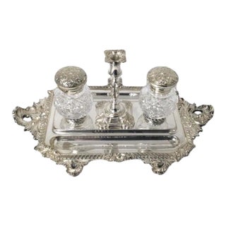 Antique Late 19th Century Sheffield England Double Inkwell Stand With Candle Stick For Sale