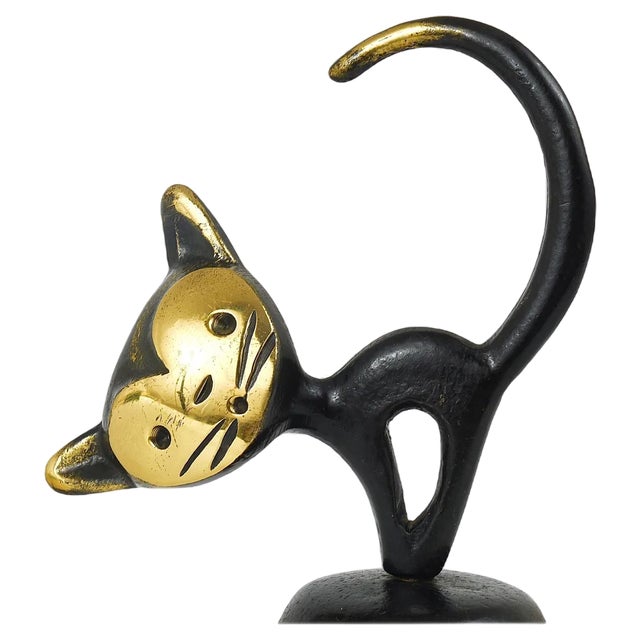 Brass Dinner Bell Displaying a Cat by Walter Bosse attributed to Hertha Baller, Austria, 1950s For Sale