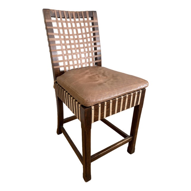 Vintage Woven Leather and Wood Counter Stool For Sale