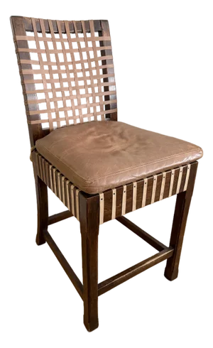 Vintage Woven Leather and Wood Counter Stool