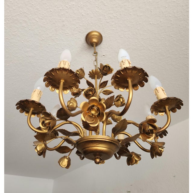 Hollywood Regency Eight-Light Floral Chandelier in Hand-Forged Dark Gilt Metal, Germany, 1960s For Sale - Image 4 of 18