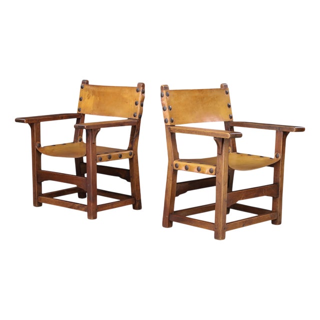 Spanish Beechwood Armchairs with Patinated Cognac Leather, 1950s, Set of 2 For Sale