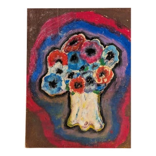 Vintage Mid-Century Expressionist Anemone Floral Still Life Mixed Media Painting For Sale