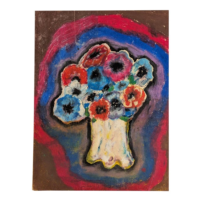 Vintage Mid-Century Expressionist Anemone Floral Still Life Mixed Media Painting For Sale