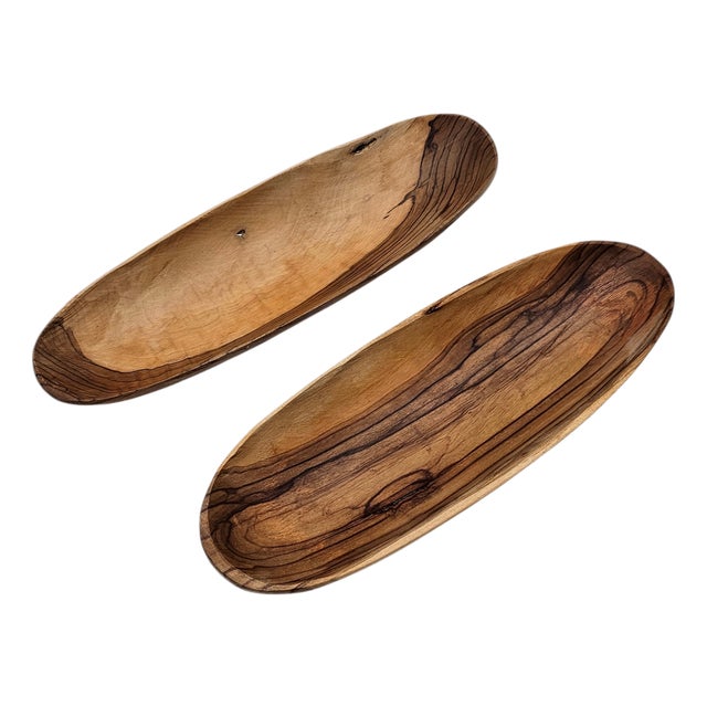 Vintage Olive Wood Hand-Carved Bread Bowls, Pair For Sale