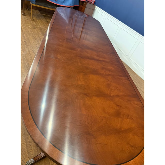 Traditional Oval Banded Mahogany Double Pedestal Dining Table by Leighton Hall - Showroom Sample For Sale - Image 12 of 12