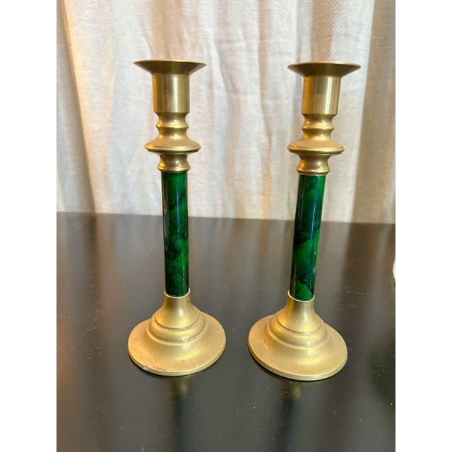 English Malachite Style & Brass Candle Holders , Pair For Sale - Image 3 of 5