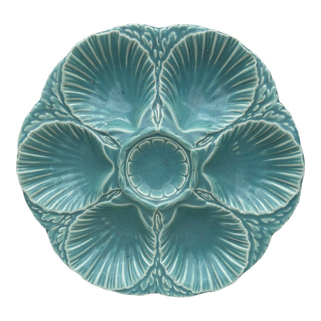 French Majolica Oyster Aqua Turquoise Plate Sarreguemines, Circa 1900 For Sale