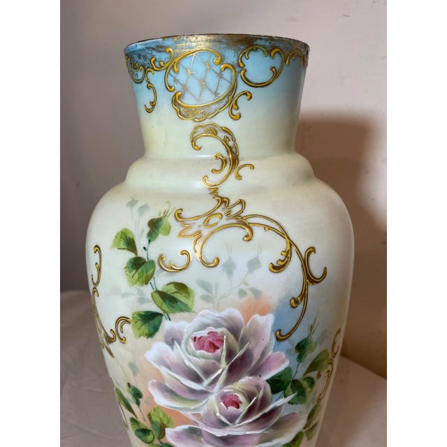 1930s Tall Antique Hand Blown Painted Milk Bristol Glass Enamel Enameled Flower Vase For Sale - Image 5 of 11