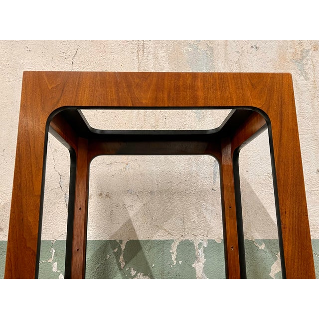 1960s Lane MCM Narrow Wood Open Display Case/Etagere W/Adjustable Smoked Glass Shelves For Sale - Image 9 of 12