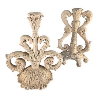Vintage Rococo Revival Cream Painted Acanthus Candlesticks, Coordinating Pair For Sale