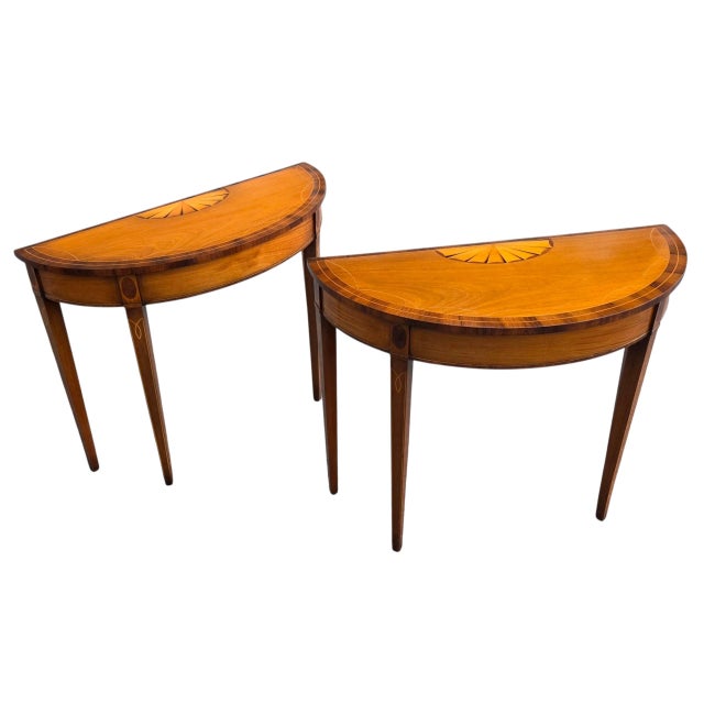 Traditional Pair of American Federal Revival Mahogany Demilune Console Tables With Satinwood Fan Inlay and Stringing, Mid-20th Century For Sale - Image 3 of 12