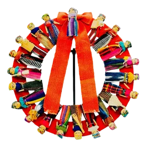 Vintage Folk Textile Art Handmade Worry Dolls Christmas Wall or Door Wreath