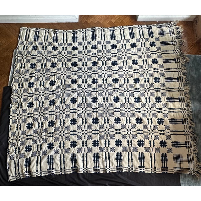 Antique 19th Century Hand Loom Woven Blue and White Coverlet For Sale - Image 14 of 16