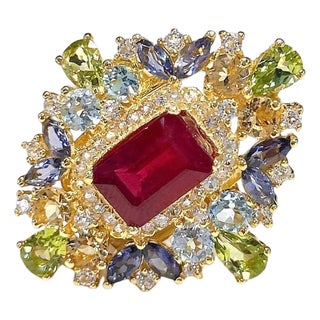 Bochic "Capri" Ruby, Tanzanite, Citrine & Blue Topaz Ring Set 18K Gold & Silver For Sale