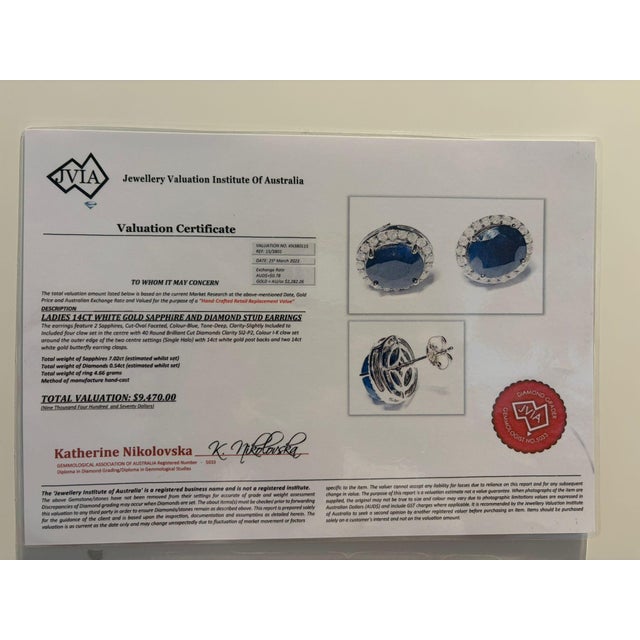 Metal 14ct White Gold Sapphire & Diamond Stud Earrings 7.56ct 4.66g, A Pair For Sale - Image 7 of 7