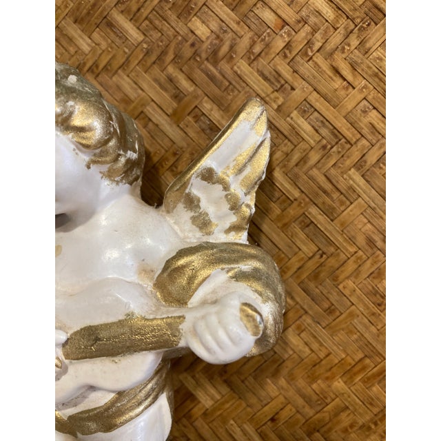 Italian Vintage White & Gold Ceramic Cherub Angel Playing Guitar For Sale - Image 3 of 6