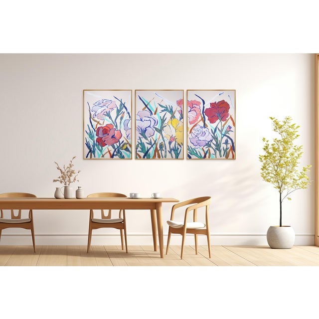 2020s 2026, Illustration Style, Lush Flowers Triptych, Wild Carnations, Acrylic Paint on Watercolor Paper by Romina Milano For Sale - Image 5 of 11