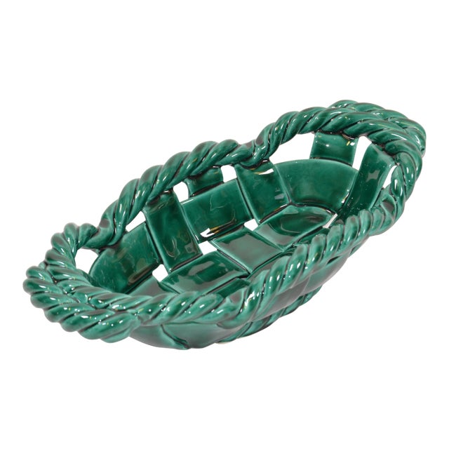 Vallauris France Glazed Woven Ceramic Basket Emerald Green Mid-Century Modern For Sale