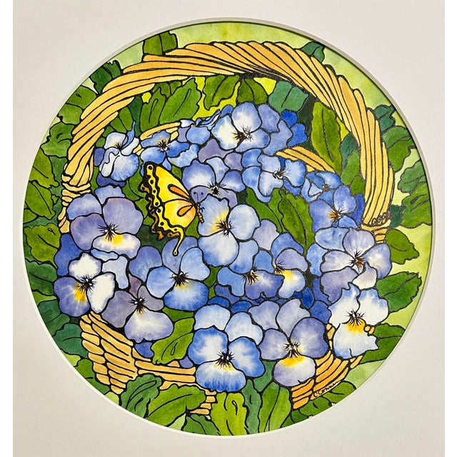 2020s Original Watercolor Ink and Wash Painting of a “Basket of Violas” For Sale - Image 5 of 12