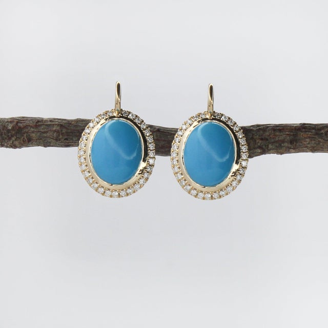 Contemporary Sleeping Beauty Turquoise Drop Earrings With Diamonds in Solid 14k Gold, Pair For Sale - Image 3 of 5