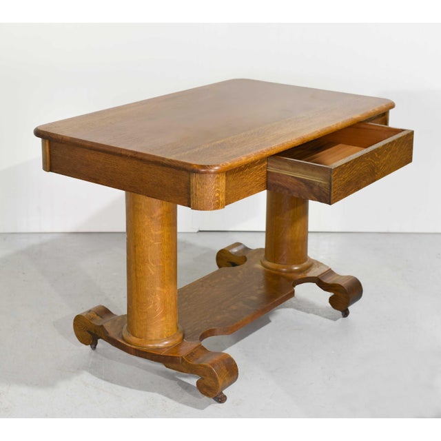 Wood Antique American Arts & Crafts Mission Oak Library Table For Sale - Image 7 of 12