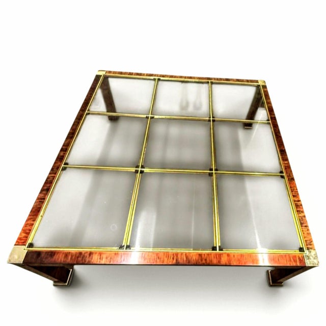 Mid-Century Modern Rare 1970s Hollywood Regency Flamed Burl Wood, Copper, Brass, and Glass 4-Piece Table Set For Sale - Image 3 of 12