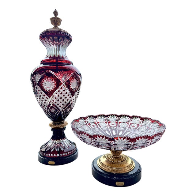 Soher Red Crystal & 24k Gold Amphora & Crystal Bowl Set For Sale