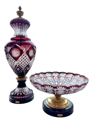 Soher Red Crystal & 24k Gold Amphora & Crystal Bowl Set