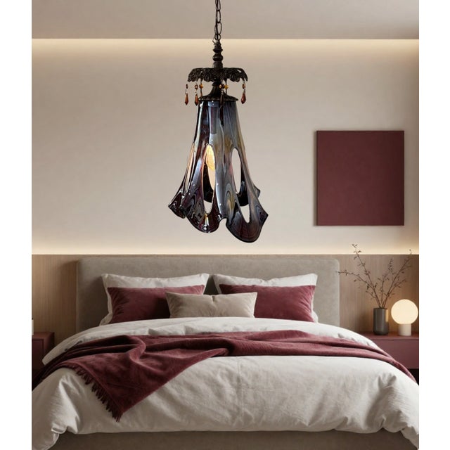 Dale Chihuly Art Glass Reddish Brown Fazzoletto Stretched Loop Shade Pendant Light For Sale - Image 4 of 18