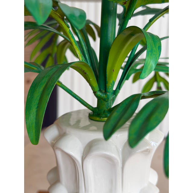 Vintage Italian Tole Palm Table Lamp With Sculptural White Ceramic Column Base For Sale - Image 9 of 12