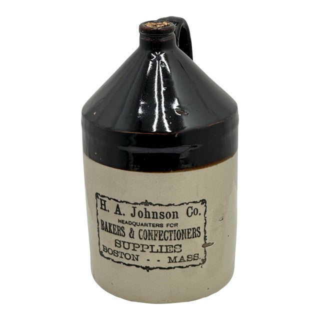 Antique Early 1900s American Stoneware Bakers & Confections Supply Advertising Jug From Boston Massachusetts For Sale