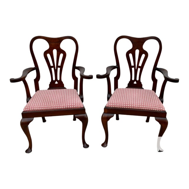 Antique Mahogany Chairs Queen Anne Style Burl Wood Armchairs Pair For Sale