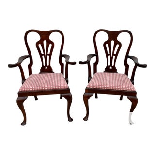 Antique Pair of Solid Mahogany & Burl Wood Queen Anne Arm Chairs For Sale