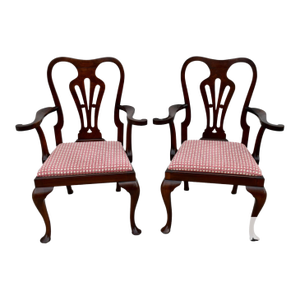 Antique Pair of Solid Mahogany & Burl Wood Queen Anne Arm Chairs