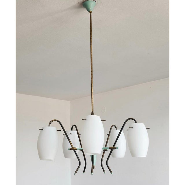 Mid-Century Opaline Glass and Brass Chandelier from Stilux Milano, 1950s For Sale - Image 4 of 14