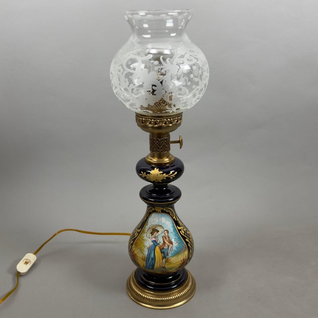 Antique French Porcelain Table Lamp in Brass and Satin Glass For Sale - Image 14 of 14