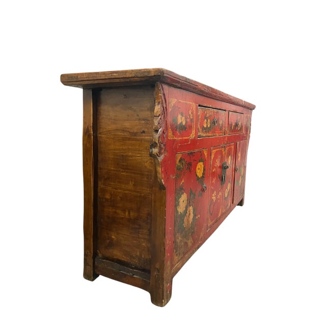 Chinese Mid 19th Century Antique Chinese Painted Red Lacquer Wedding Chest Sideboard For Sale - Image 3 of 11