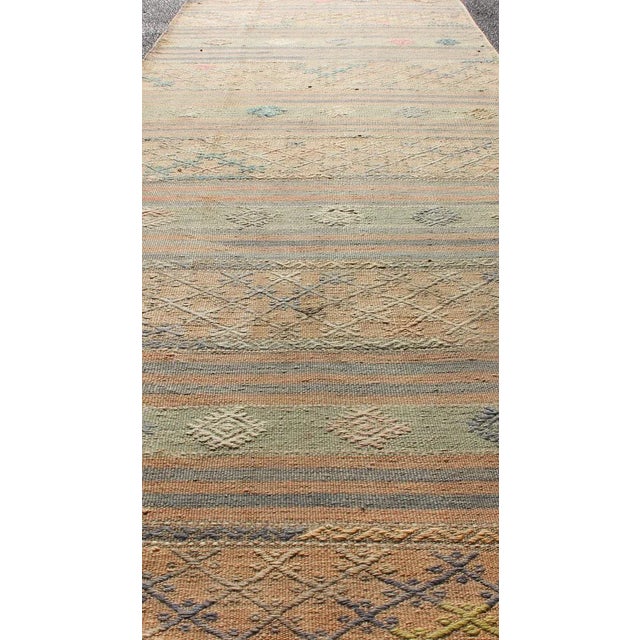 Mid 20th Century Vintage Hand Woven Turkish Kilim Runner With Geometric Shapes and Colorful Stripes For Sale - Image 5 of 12