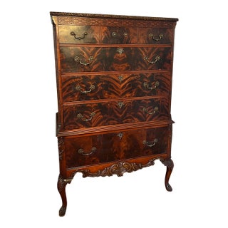 1920s Chippendale Revival Figured Mahogany High Chest of Drawers For Sale