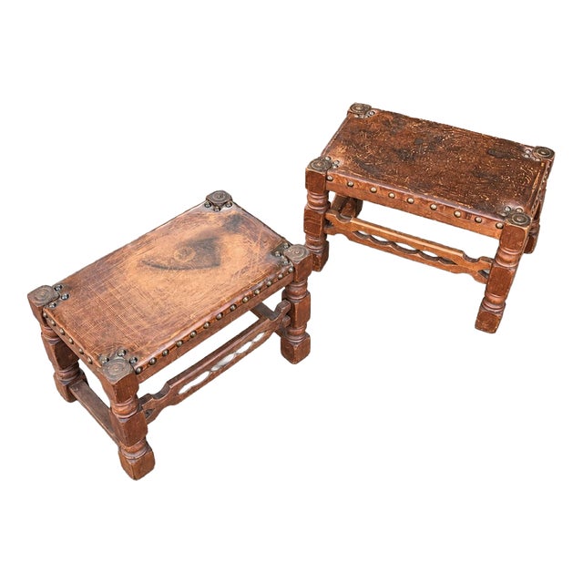 Spanish Medieval-Style Wood and Leather Ottomans, 1920s Set of 2 For Sale