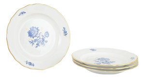 Porcelain Dinner Plates with Blue Floral Motifs and Gilt Rim from Meissen, Set of 4