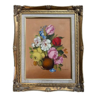 1950s Italian Artist R. Rosini Flowers Still Life Framed Original Signed Art For Sale