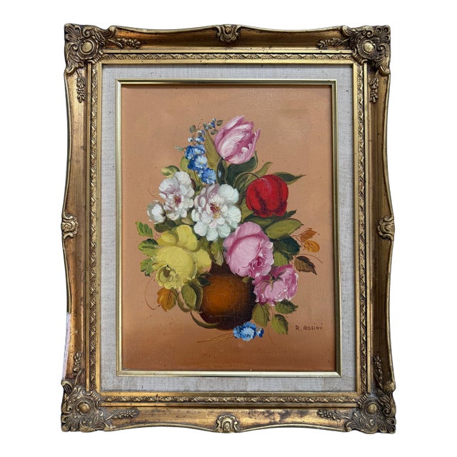 1950s Italian Artist R. Rosini Flowers Still Life Framed Original Signed Art For Sale