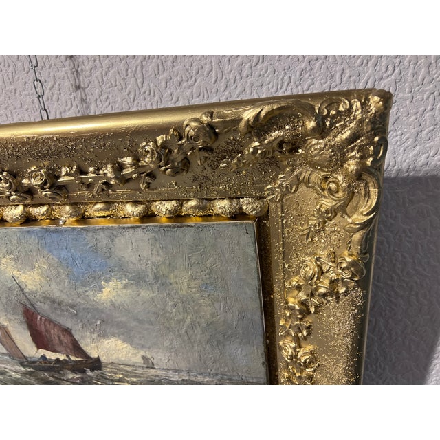 19th Century Hans Wacker-Elsen Germany, Antique Oil on Canvas Seascape, Gold Frame For Sale - Image 5 of 12
